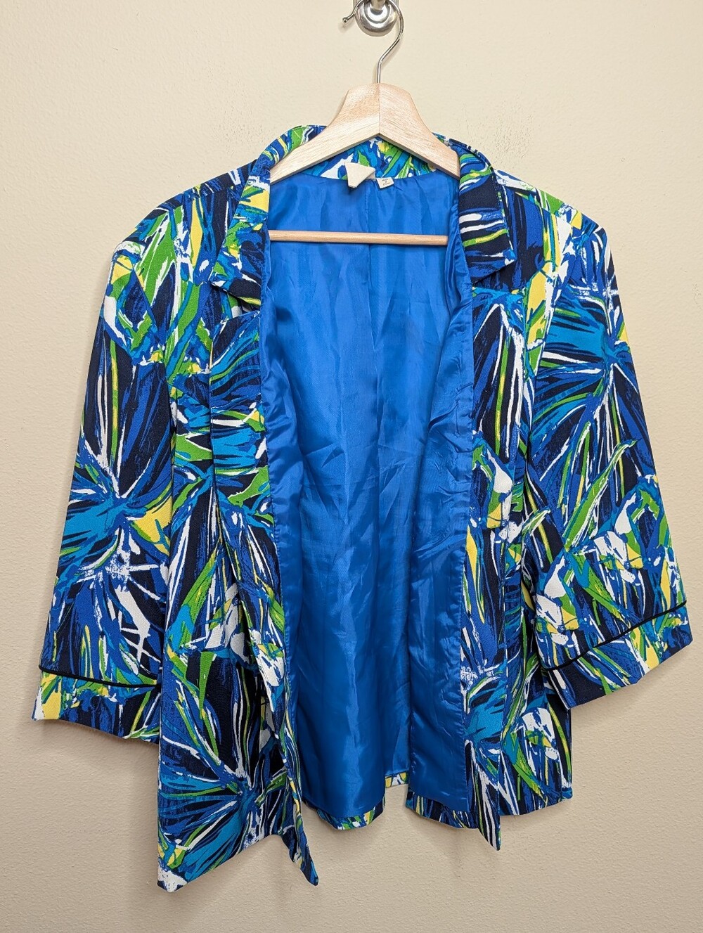 Lavender & Honey Tropical Palm Print Open Front Jacket 1X